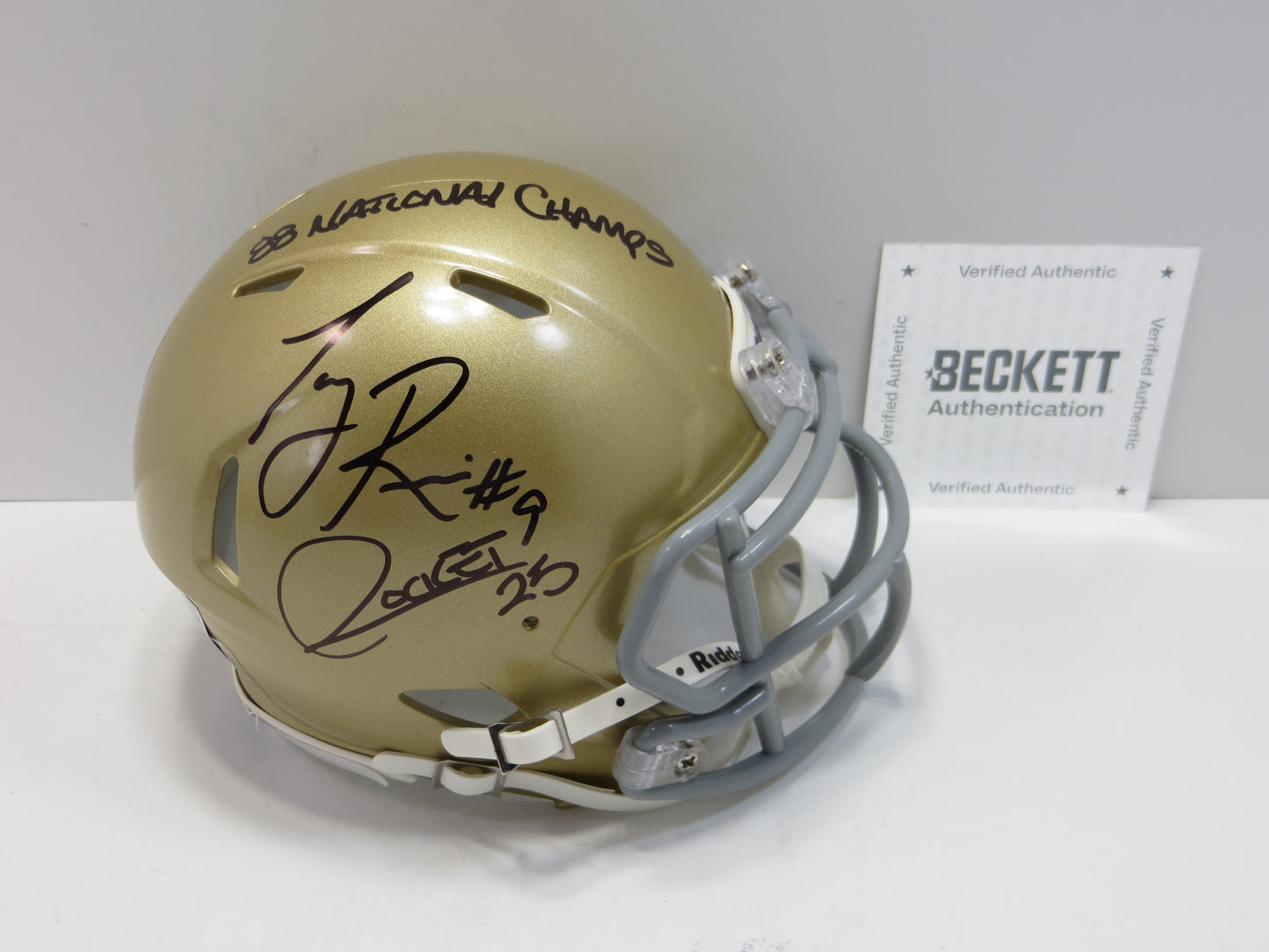 ROCKET ISMAIL TONY RICE SIGNED NOTRE DAME ND MINI HELMET w/88 Champs BAS
