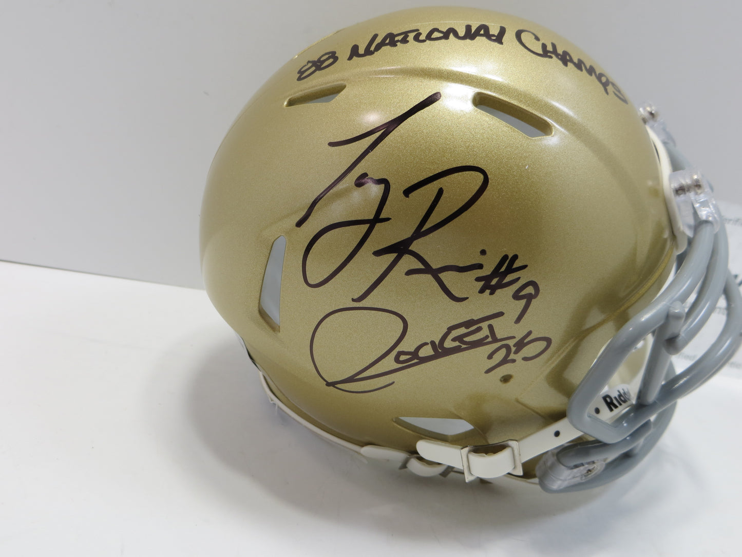 ROCKET ISMAIL TONY RICE SIGNED NOTRE DAME ND MINI HELMET w/88 Champs BAS