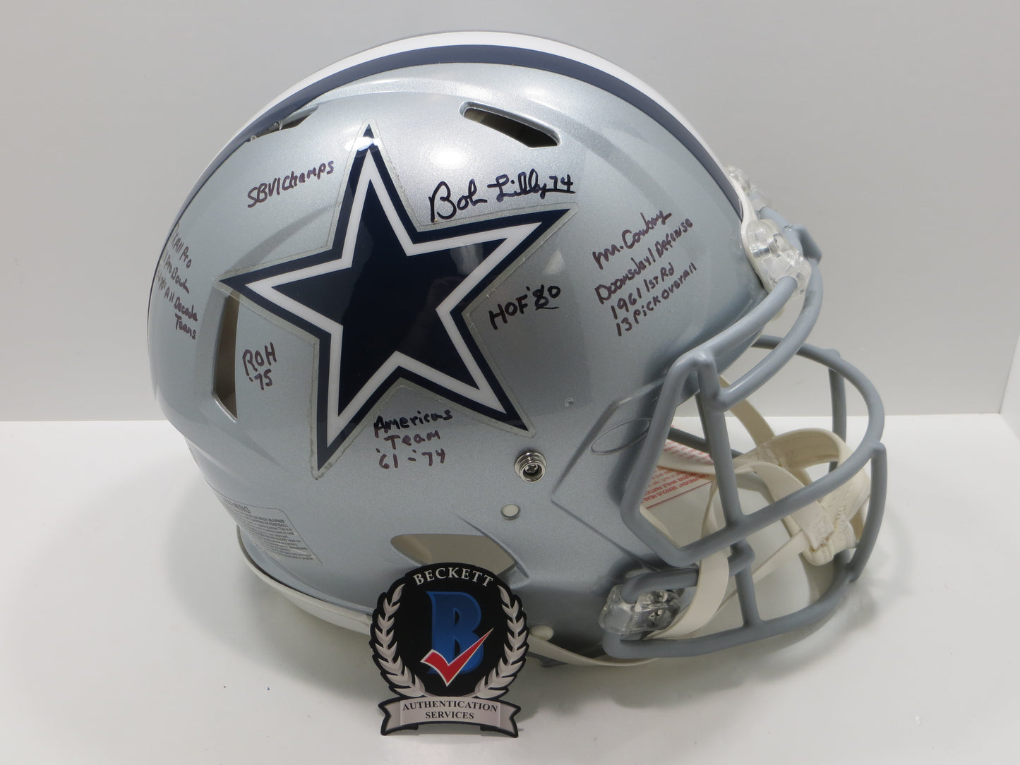 BOB LILLY SIGNED DALLAS COWBOYS RIDDELL FULL SIZE Authentic HELMET w10STATS BAS