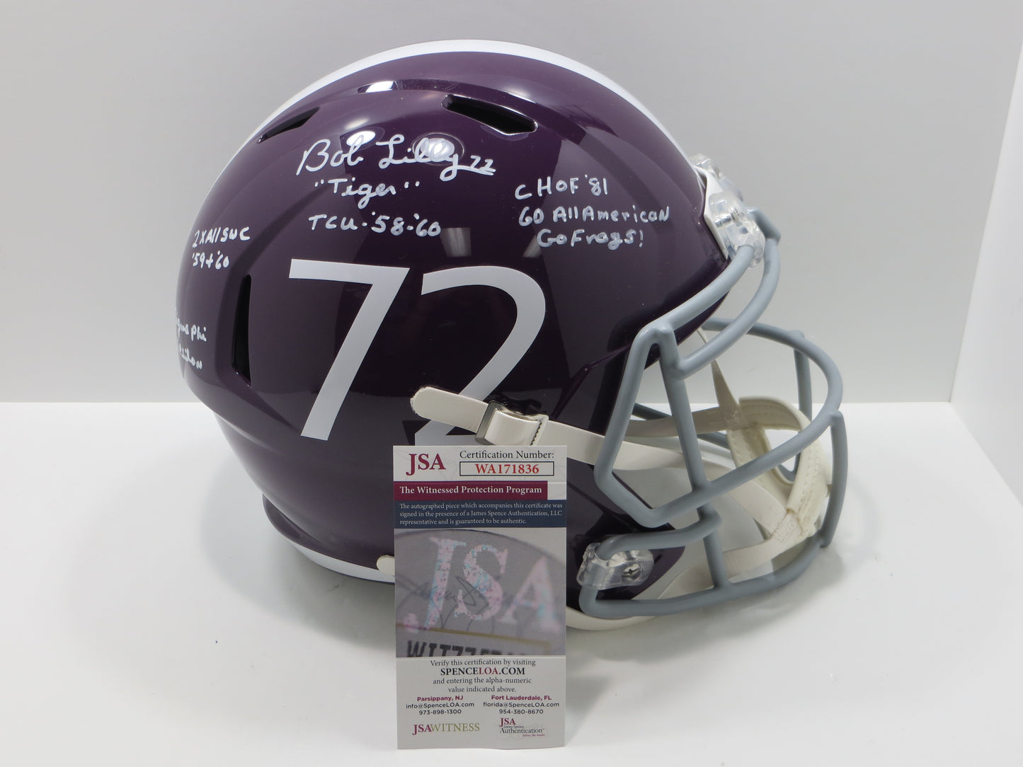 BOB LILLY SIGNED TCU HORNED FROGS #72 FULL SIZE HELMET w/MULTI INSCs JSA COA