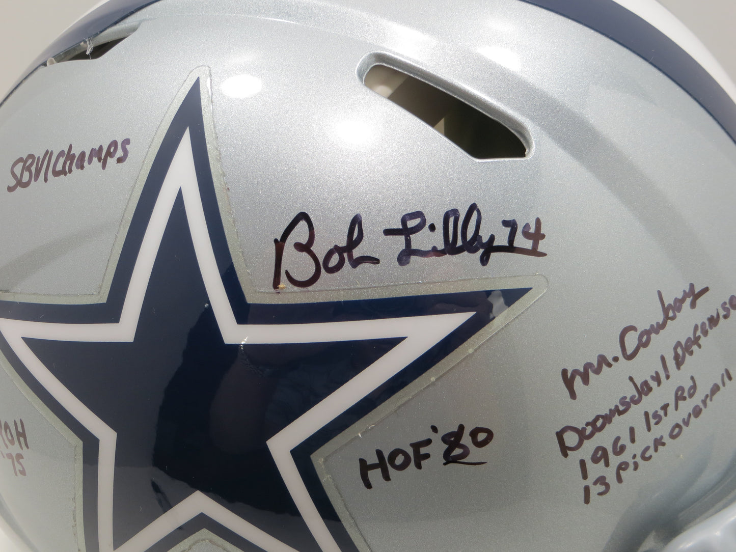 BOB LILLY SIGNED DALLAS COWBOYS RIDDELL FULL SIZE Authentic HELMET w10STATS BAS