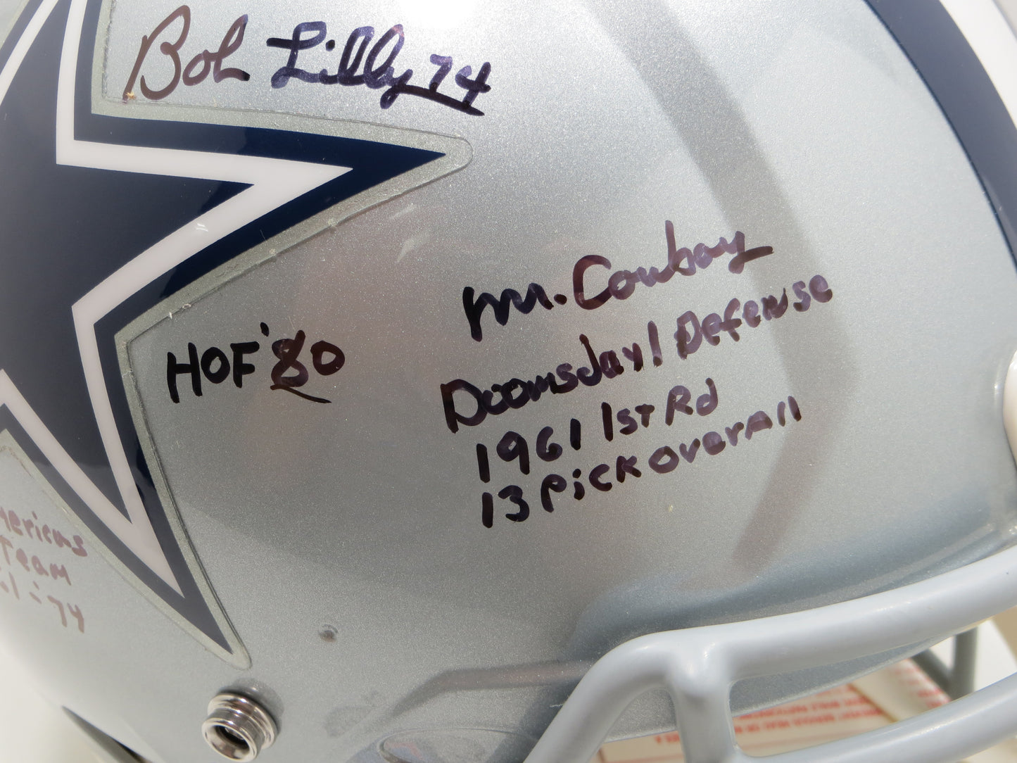 BOB LILLY SIGNED DALLAS COWBOYS RIDDELL FULL SIZE Authentic HELMET w10STATS BAS