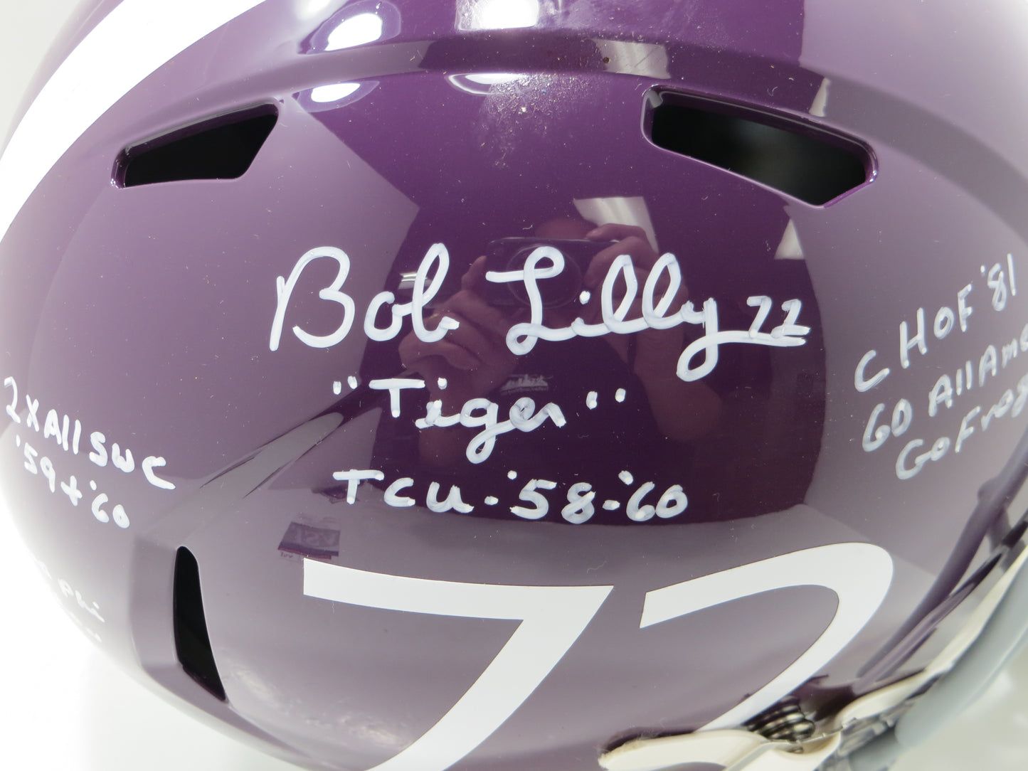 BOB LILLY SIGNED TCU HORNED FROGS #72 FULL SIZE HELMET w/MULTI INSCs JSA COA