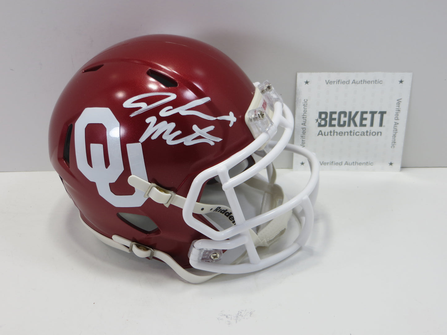 JOHN MATEER SIGNED OKLAHOMA OU SOONERS RIDDELL MINI HELMET BAS