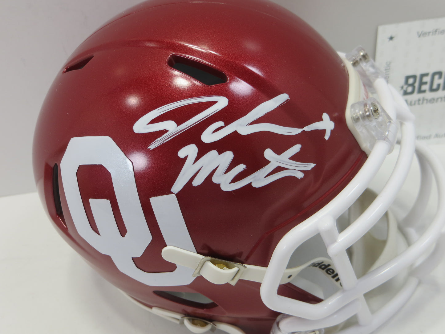 JOHN MATEER SIGNED OKLAHOMA OU SOONERS RIDDELL MINI HELMET BAS