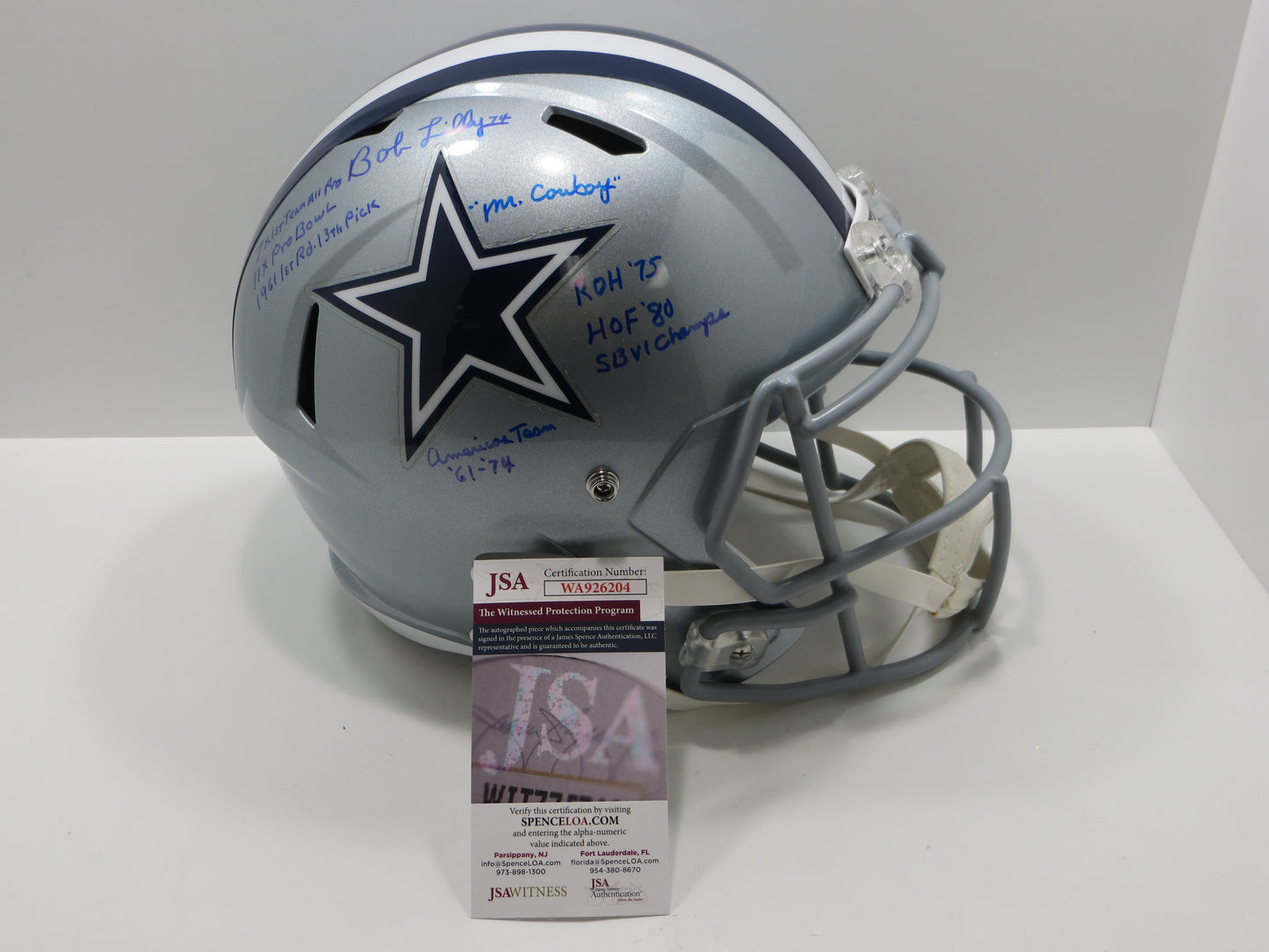 BOB LILLY SIGNED DALLAS COWBOYS RIDDELL FULL SIZE HELMET w/8 INSCs JSA COA