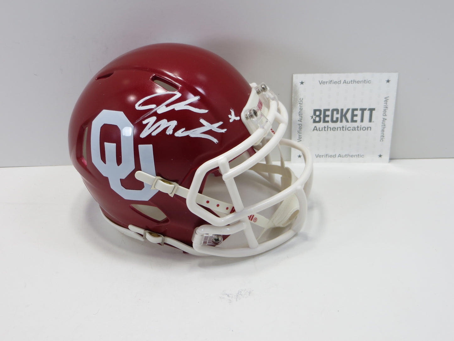 JOHN MATEER SIGNED OKLAHOMA OU SOONERS RIDDELL MINI HELMET BAS