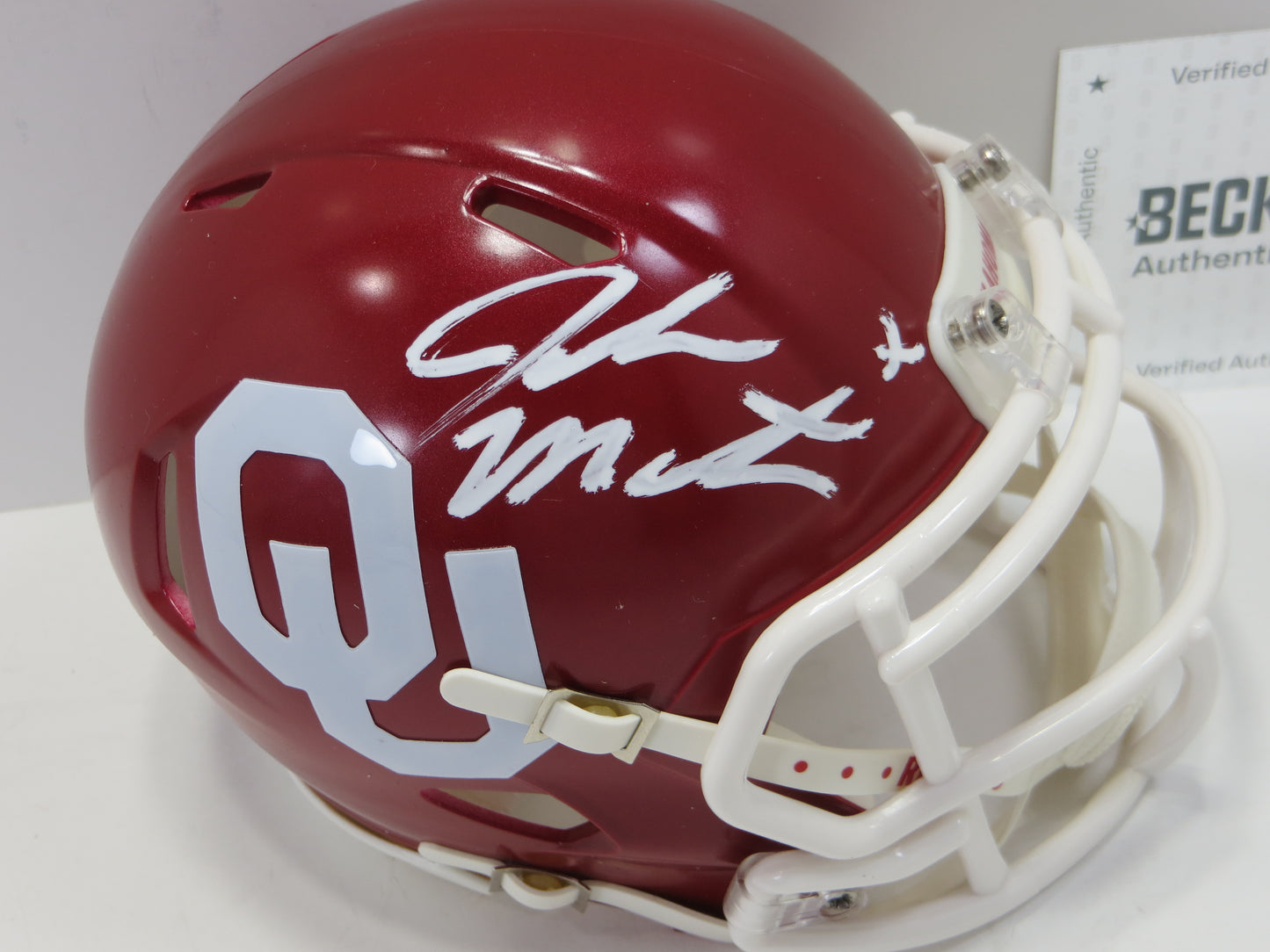 JOHN MATEER SIGNED OKLAHOMA OU SOONERS RIDDELL MINI HELMET BAS