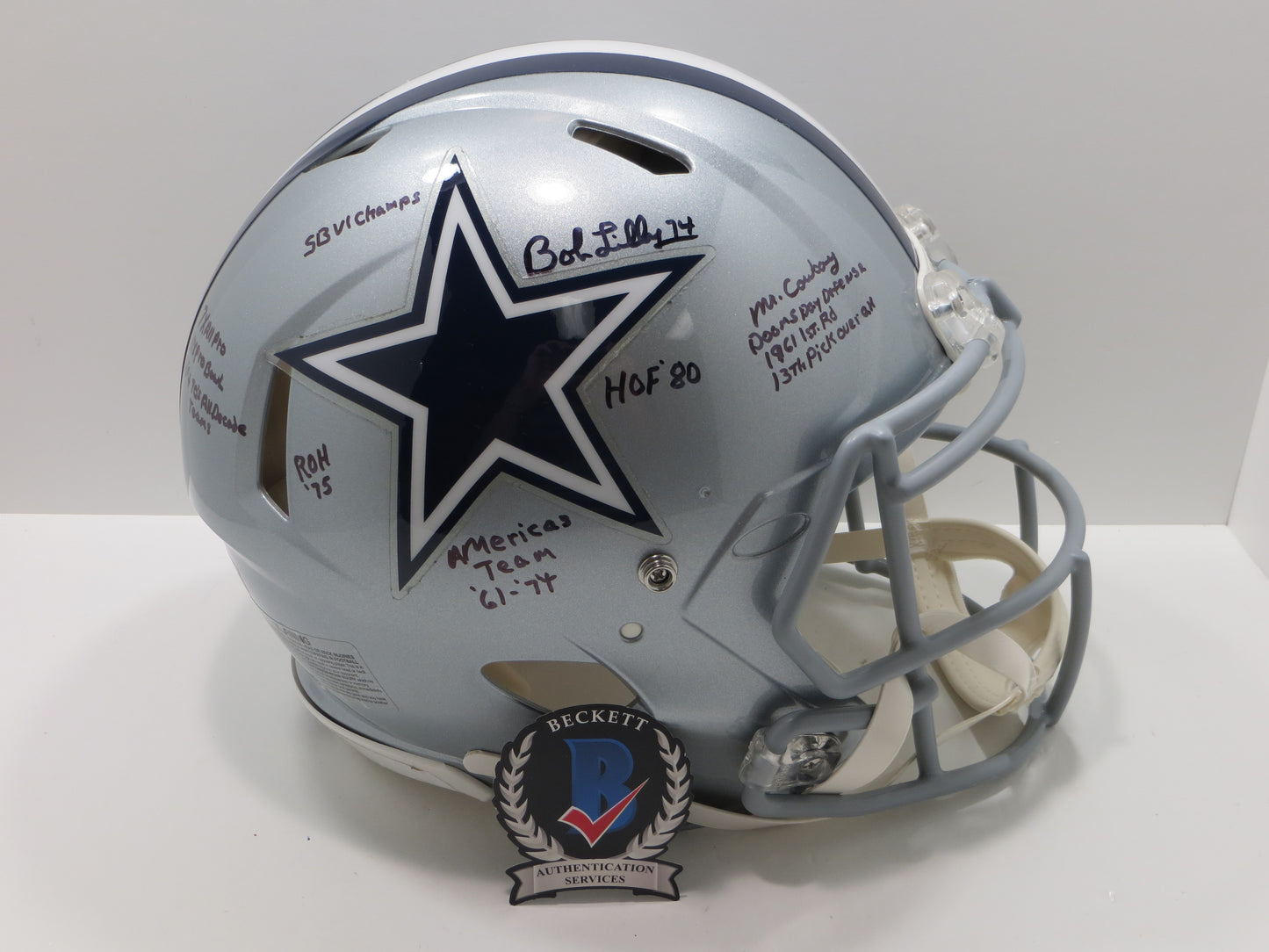 BOB LILLY SIGNED DALLAS COWBOYS RIDDELL FULL SIZE Authentic HELMET w10STATS BAS