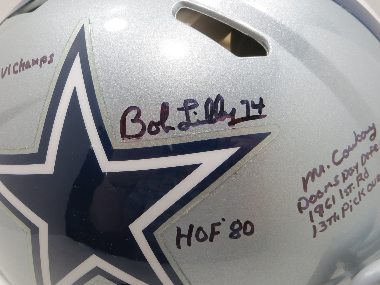 BOB LILLY SIGNED DALLAS COWBOYS RIDDELL FULL SIZE Authentic HELMET w10STATS BAS