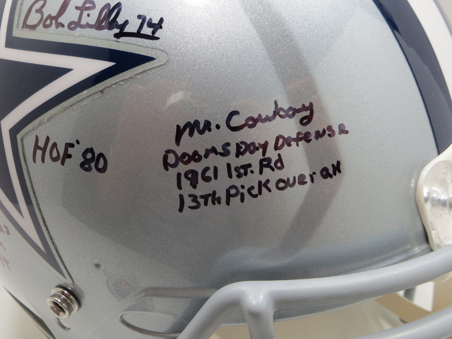 BOB LILLY SIGNED DALLAS COWBOYS RIDDELL FULL SIZE Authentic HELMET w10STATS BAS