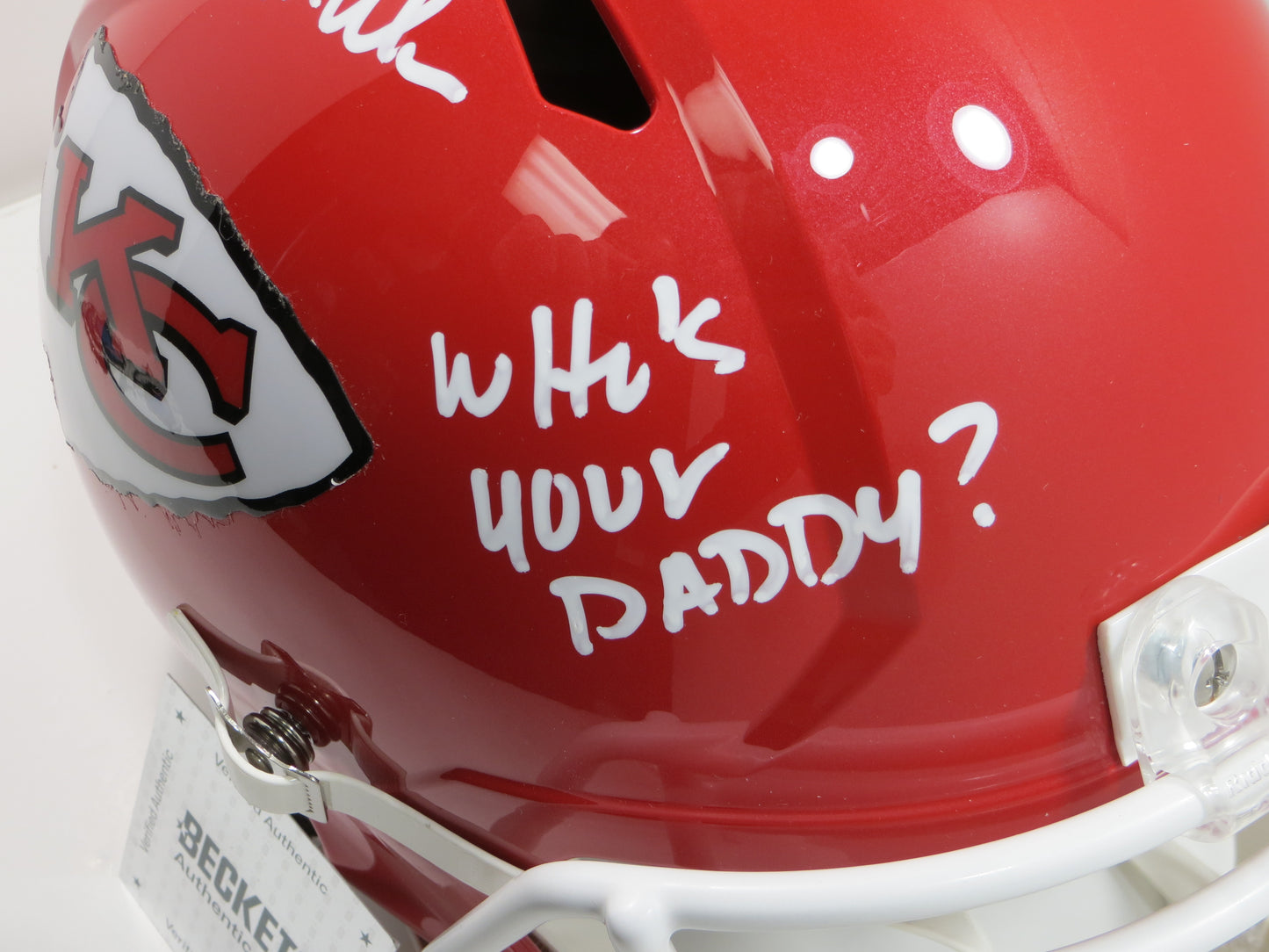 PAT MAHOMES SR. SIGNED Fullsize KANSAS CITY CHIEFS HELMET w/WhosYourDaddy BAS