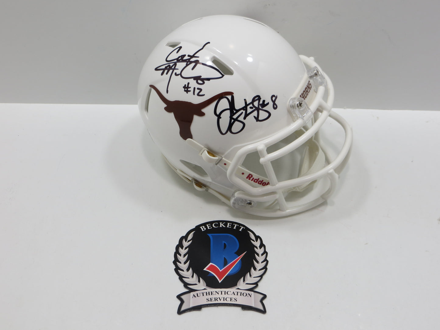 COLT McCOY JORDAN SHIPLEY SIGNED TEXAS LONGHORNS Riddell MINI HELMET BAS