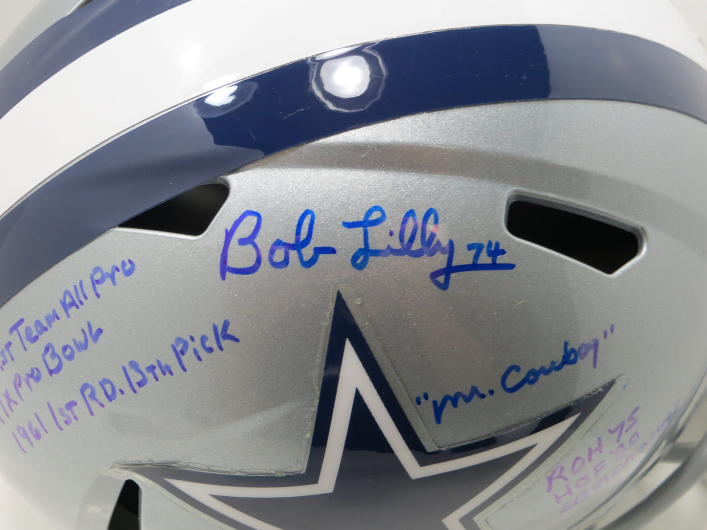 BOB LILLY SIGNED DALLAS COWBOYS RIDDELL FULL SIZE HELMET w/8 INSCs JSA COA