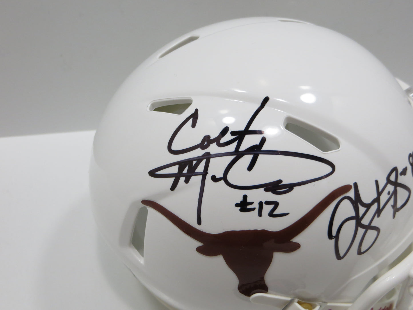 COLT McCOY JORDAN SHIPLEY SIGNED TEXAS LONGHORNS Riddell MINI HELMET BAS