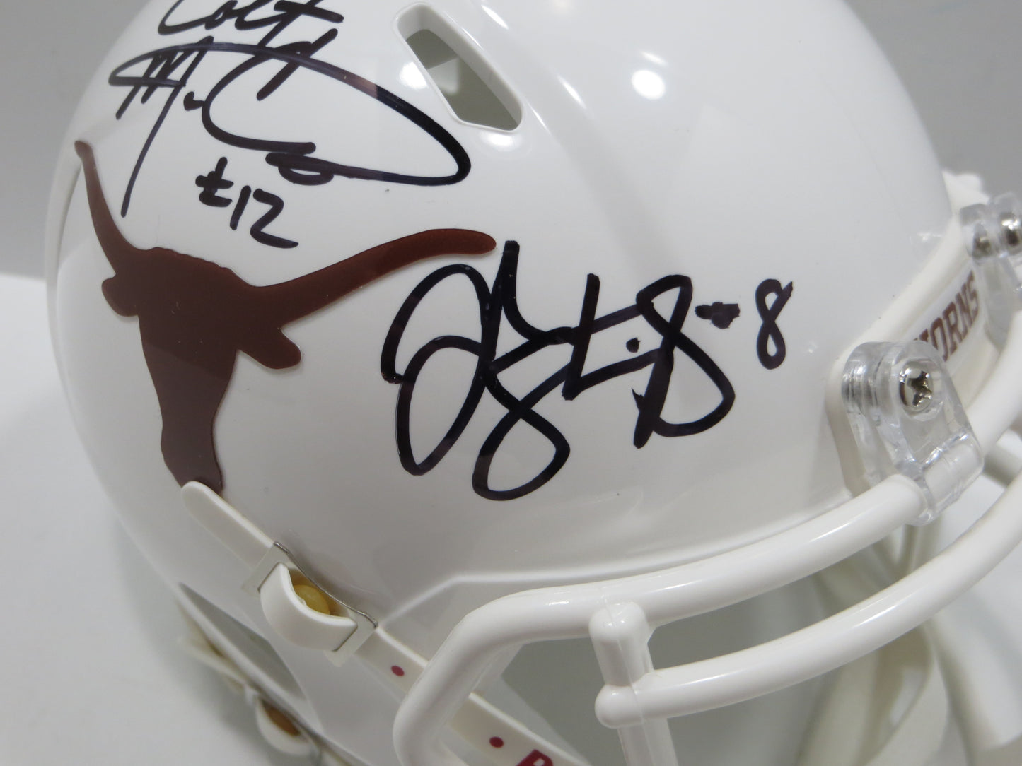 COLT McCOY JORDAN SHIPLEY SIGNED TEXAS LONGHORNS Riddell MINI HELMET BAS