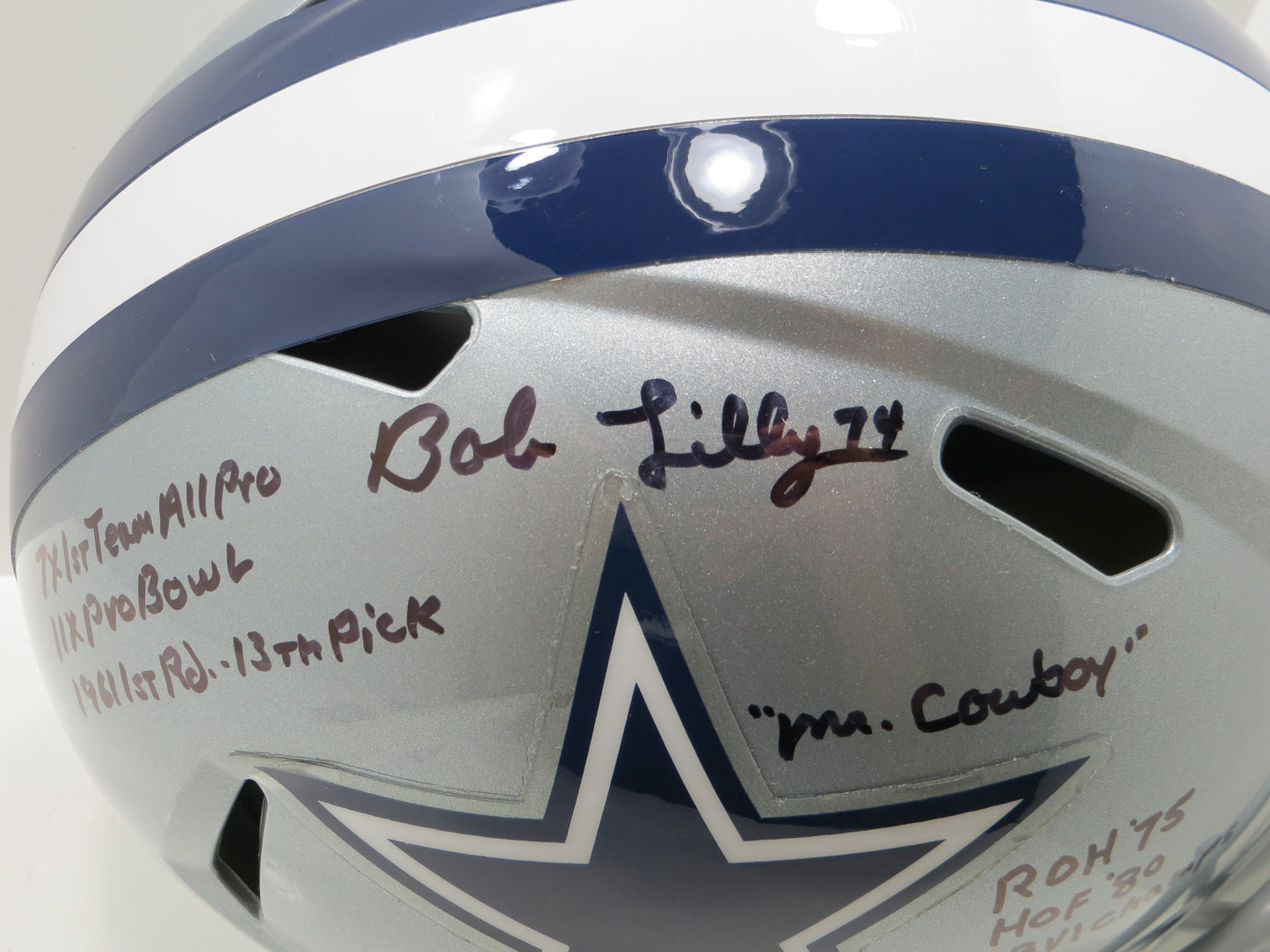 BOB LILLY SIGNED DALLAS COWBOYS RIDDELL FULL SIZE HELMET w/8 INSCs BLACK JSA