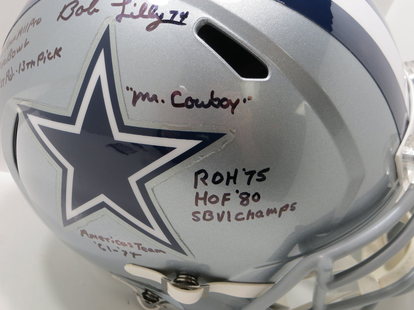 BOB LILLY SIGNED DALLAS COWBOYS RIDDELL FULL SIZE HELMET w/8 INSCs BLACK JSA