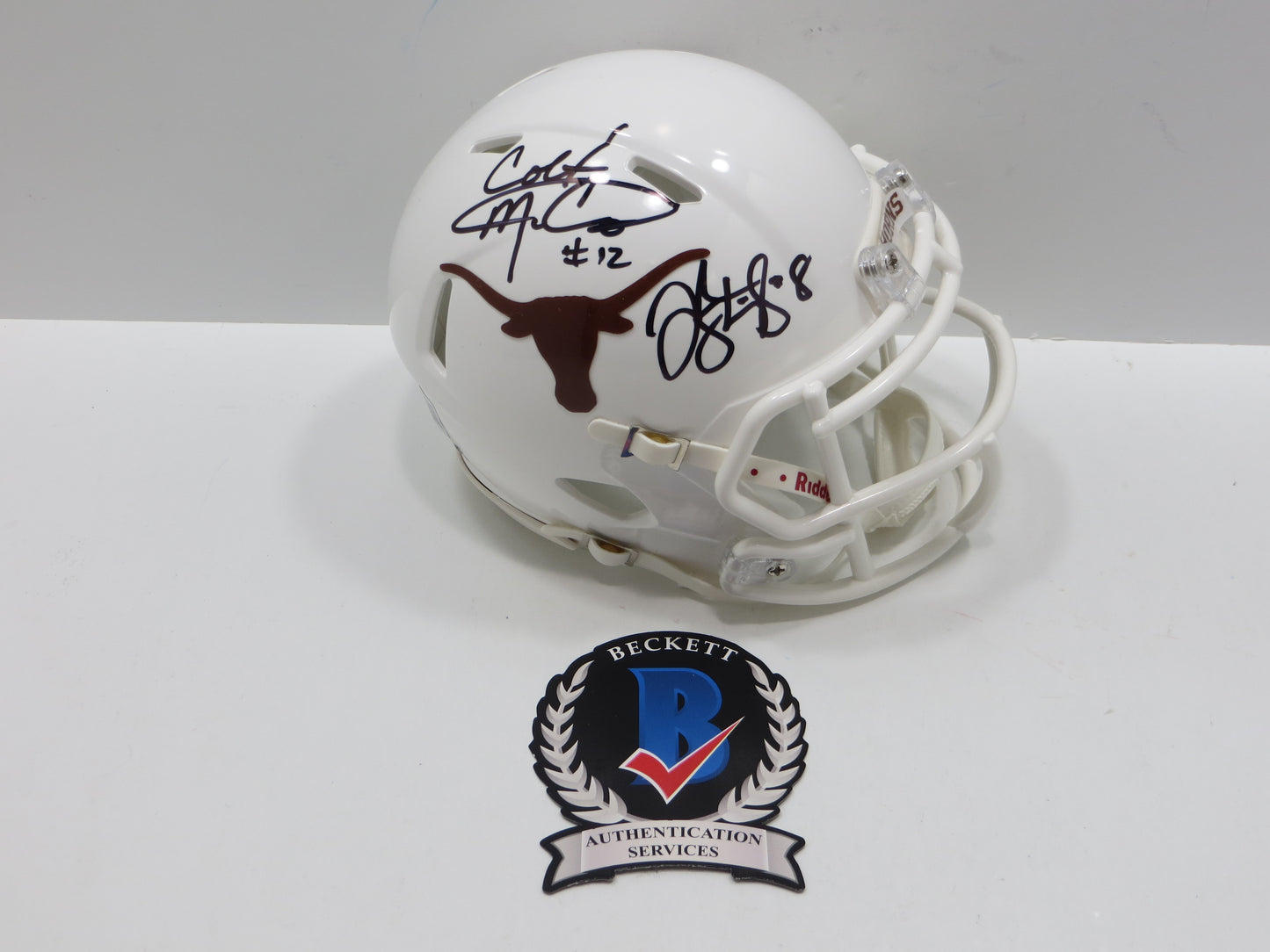 COLT McCOY JORDAN SHIPLEY SIGNED TEXAS LONGHORNS Riddell MINI HELMET BAS