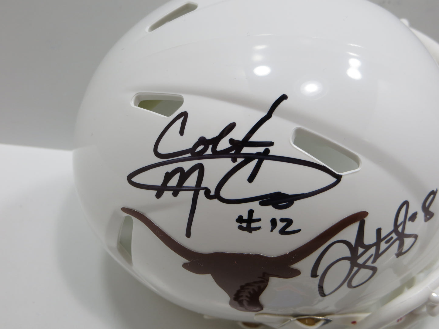 COLT McCOY JORDAN SHIPLEY SIGNED TEXAS LONGHORNS Riddell MINI HELMET BAS