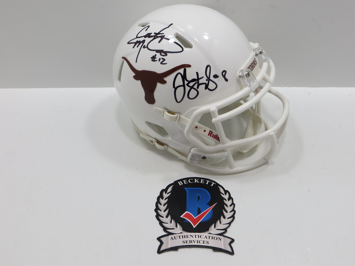 COLT McCOY JORDAN SHIPLEY SIGNED TEXAS LONGHORNS Riddell MINI HELMET BAS