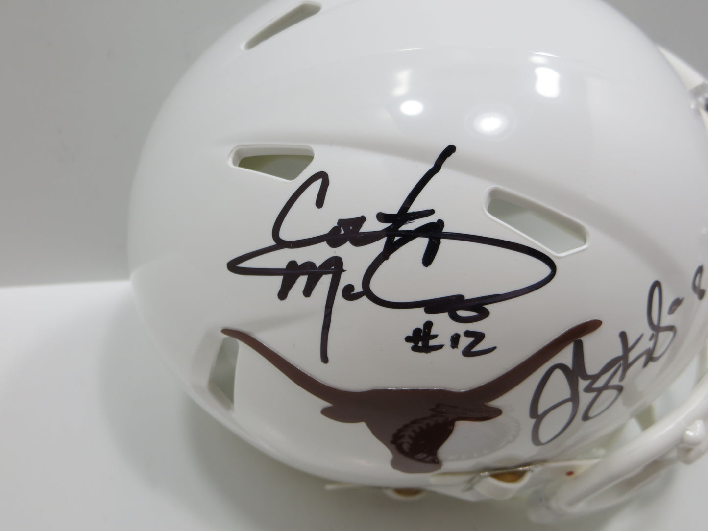 COLT McCOY JORDAN SHIPLEY SIGNED TEXAS LONGHORNS Riddell MINI HELMET BAS