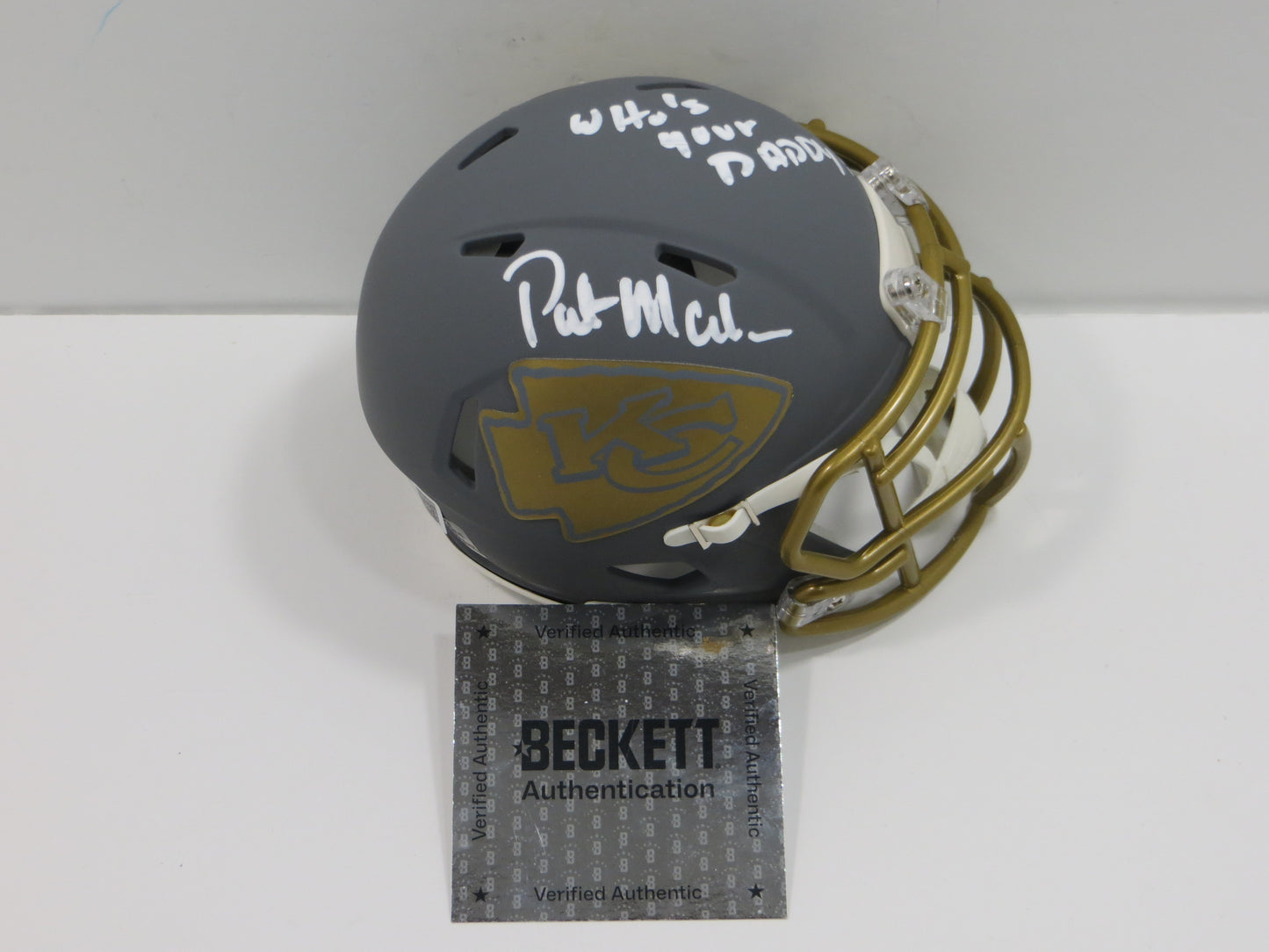 PAT PATRICK MAHOMES SR. KANSAS CITY CHIEFS SIGNED SLATE HELMET w/INSC BAS