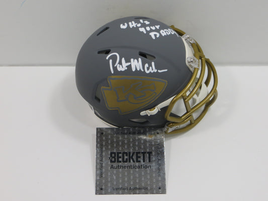 PAT PATRICK MAHOMES SR. KANSAS CITY CHIEFS SIGNED SLATE HELMET w/INSC BAS