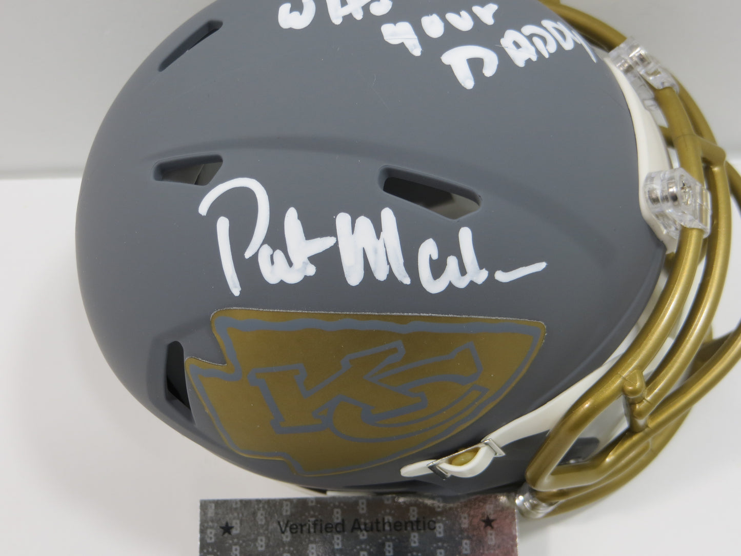 PAT PATRICK MAHOMES SR. KANSAS CITY CHIEFS SIGNED SLATE HELMET w/INSC BAS