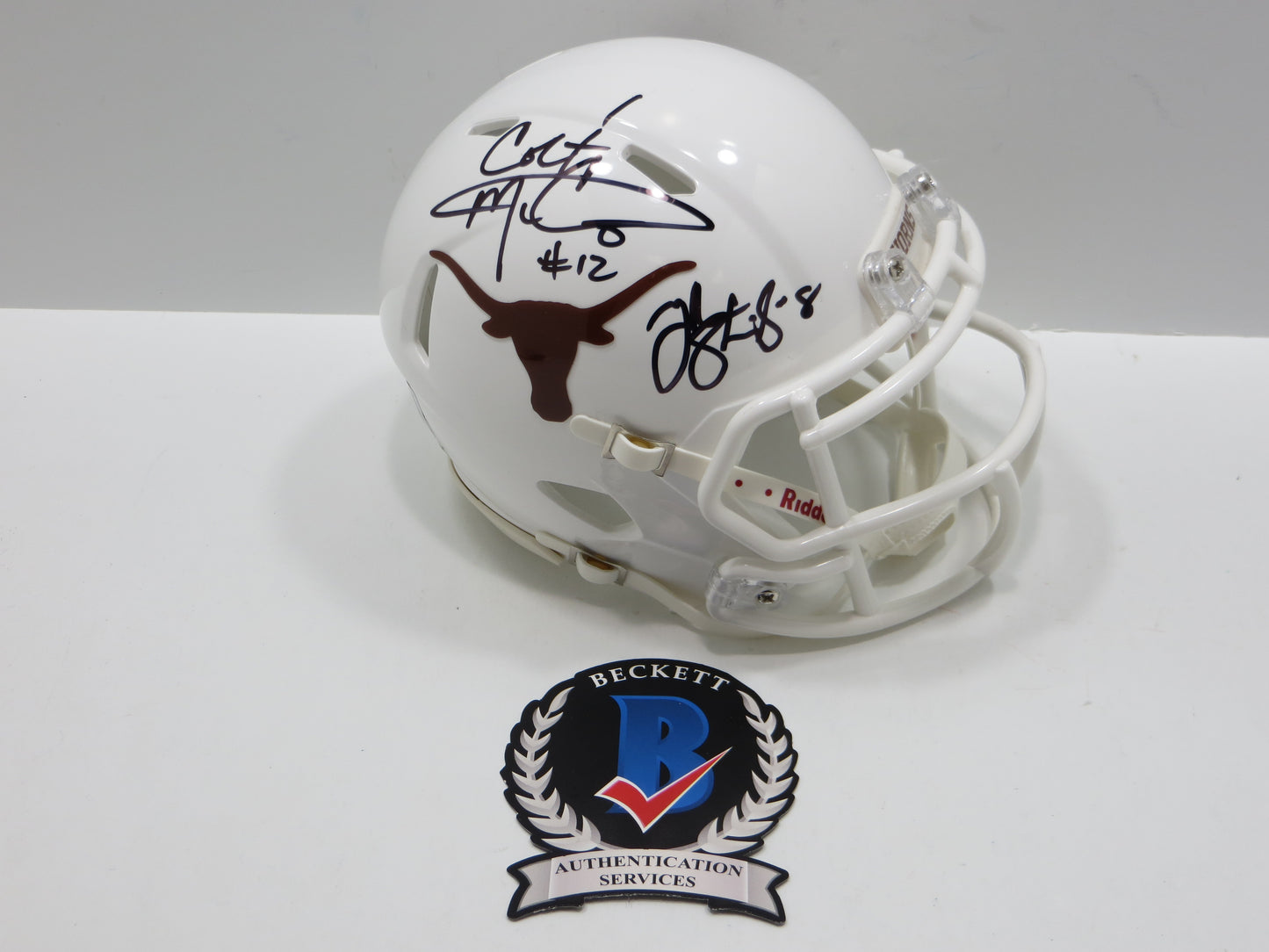 COLT McCOY JORDAN SHIPLEY SIGNED TEXAS LONGHORNS Riddell MINI HELMET BAS