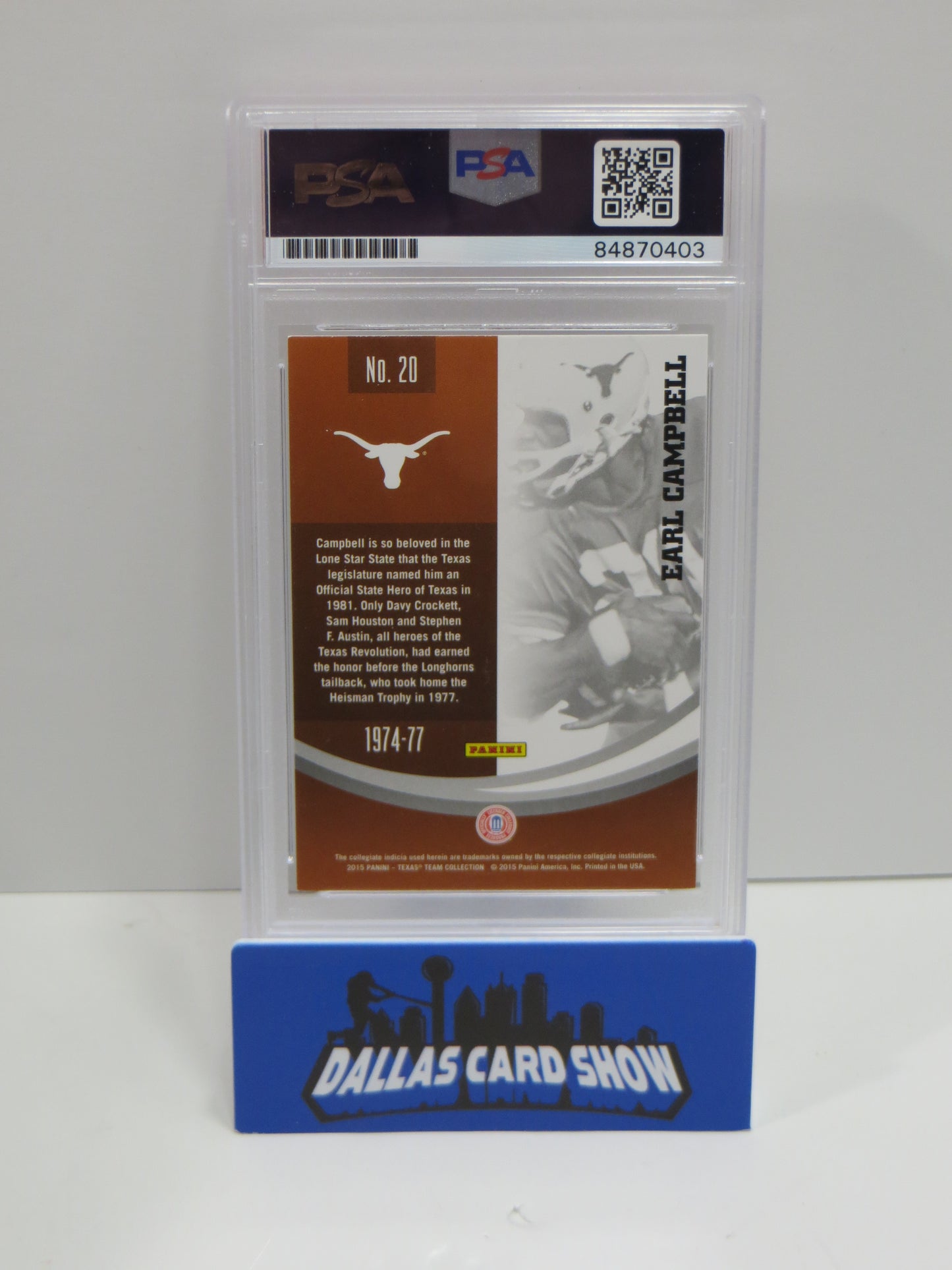 EARL CAMPBELL SIGNED 2015 PANINI COLLEGE #20 Football Card PSA SLAB Authentic AUTO