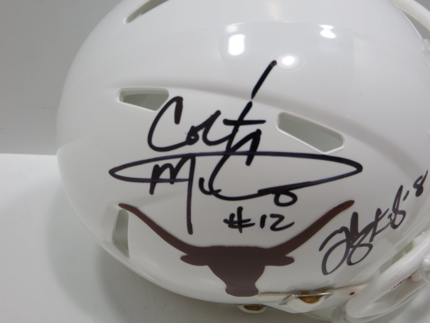 COLT McCOY JORDAN SHIPLEY SIGNED TEXAS LONGHORNS Riddell MINI HELMET BAS