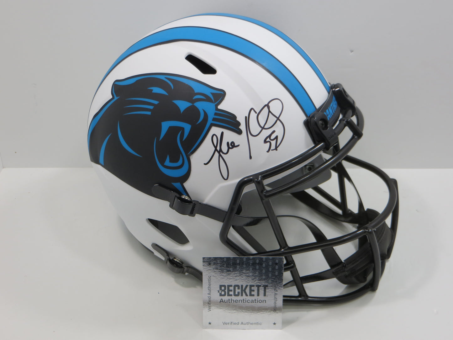 LUKE KUECHLY SIGNED CAROLINA PANTHERS SPEED F/S LUNAR ECLIPSE HELMET BAS