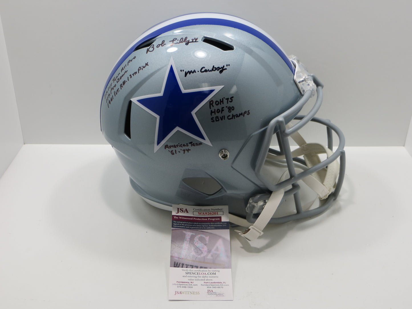 BOB LILLY SIGNED DALLAS COWBOYS RIDDELL FULL SIZE Throwback HELMET w/8INSC JSA