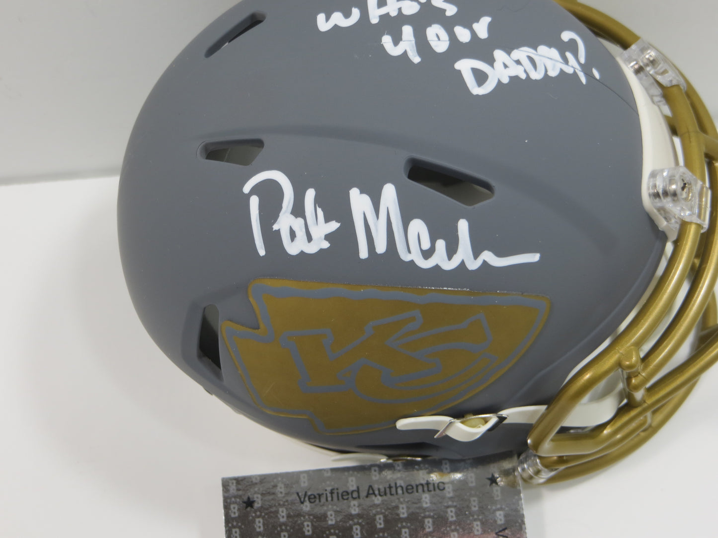 PAT PATRICK MAHOMES SR. KANSAS CITY CHIEFS SIGNED SLATE HELMET w/INSC BAS