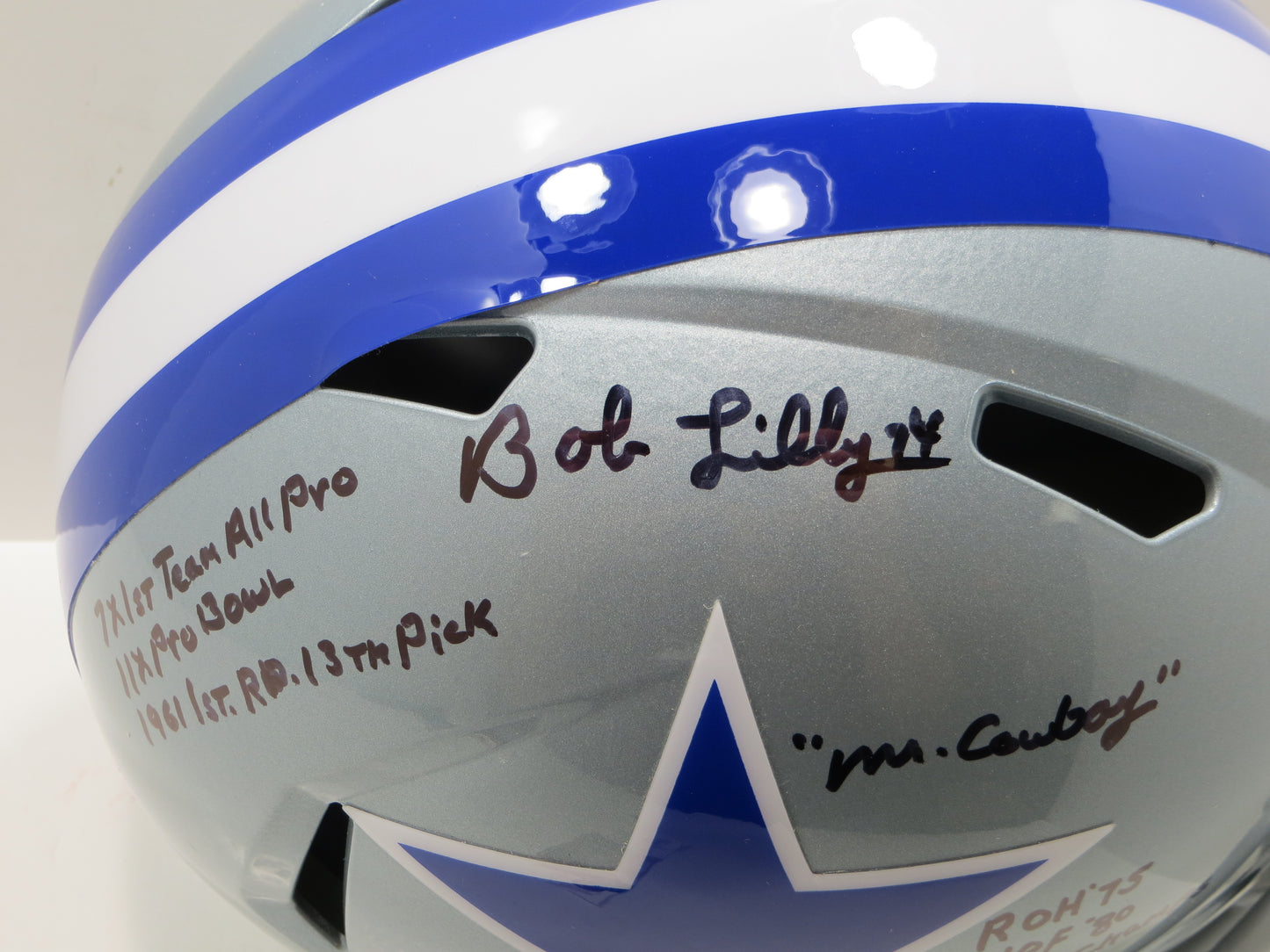 BOB LILLY SIGNED DALLAS COWBOYS RIDDELL FULL SIZE Throwback HELMET w/8INSC JSA