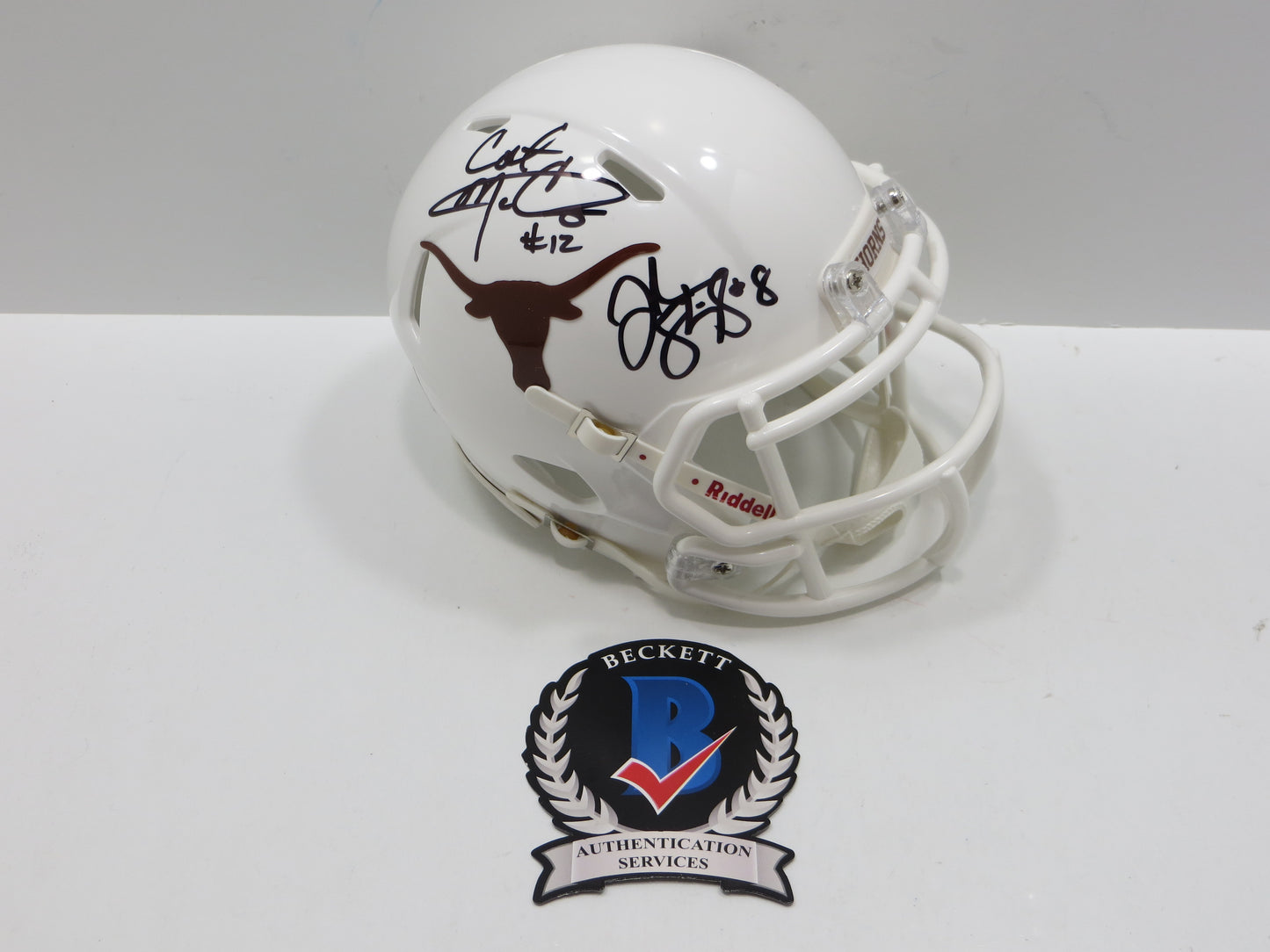 COLT McCOY JORDAN SHIPLEY SIGNED TEXAS LONGHORNS Riddell MINI HELMET BAS