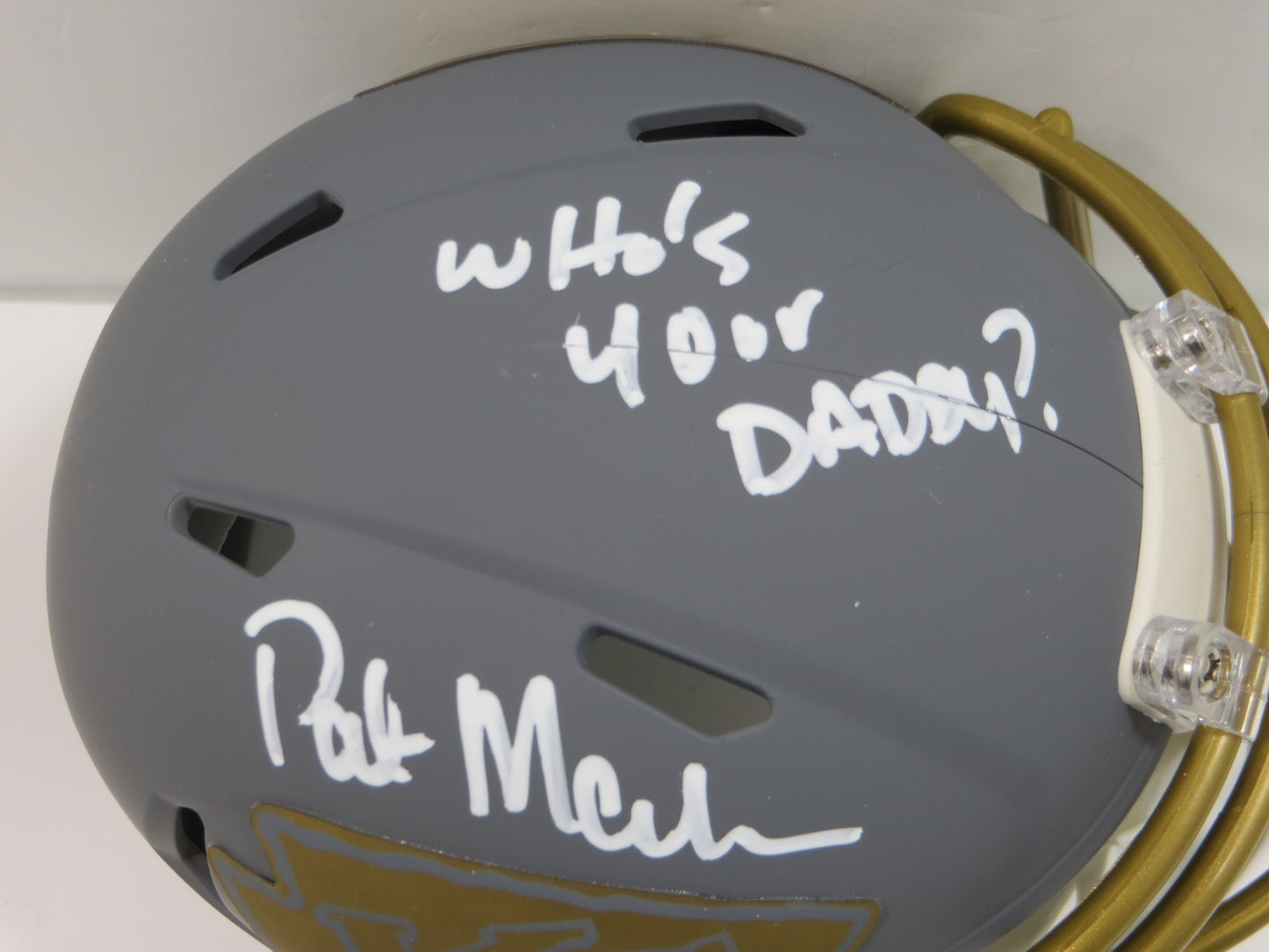 PAT PATRICK MAHOMES SR. KANSAS CITY CHIEFS SIGNED SLATE HELMET w/INSC BAS