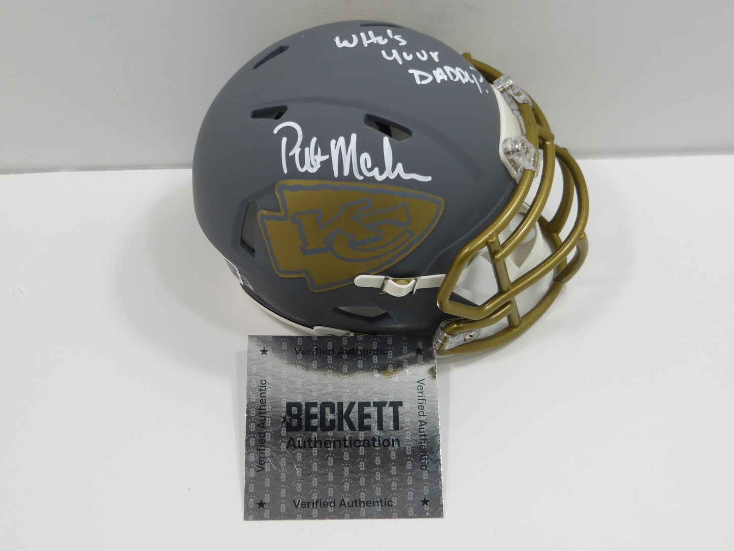 PAT PATRICK MAHOMES SR. KANSAS CITY CHIEFS SIGNED SLATE HELMET w/INSC BAS