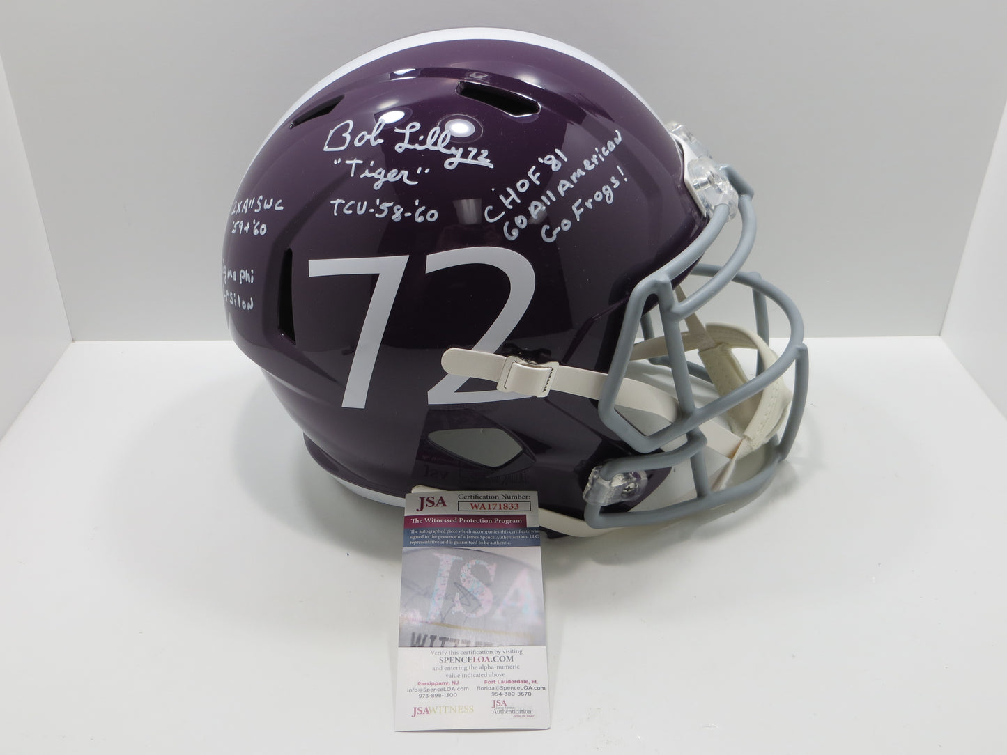 BOB LILLY SIGNED TCU HORNED FROGS #72 FULL SIZE HELMET w/MULTI INSCs JSA COA