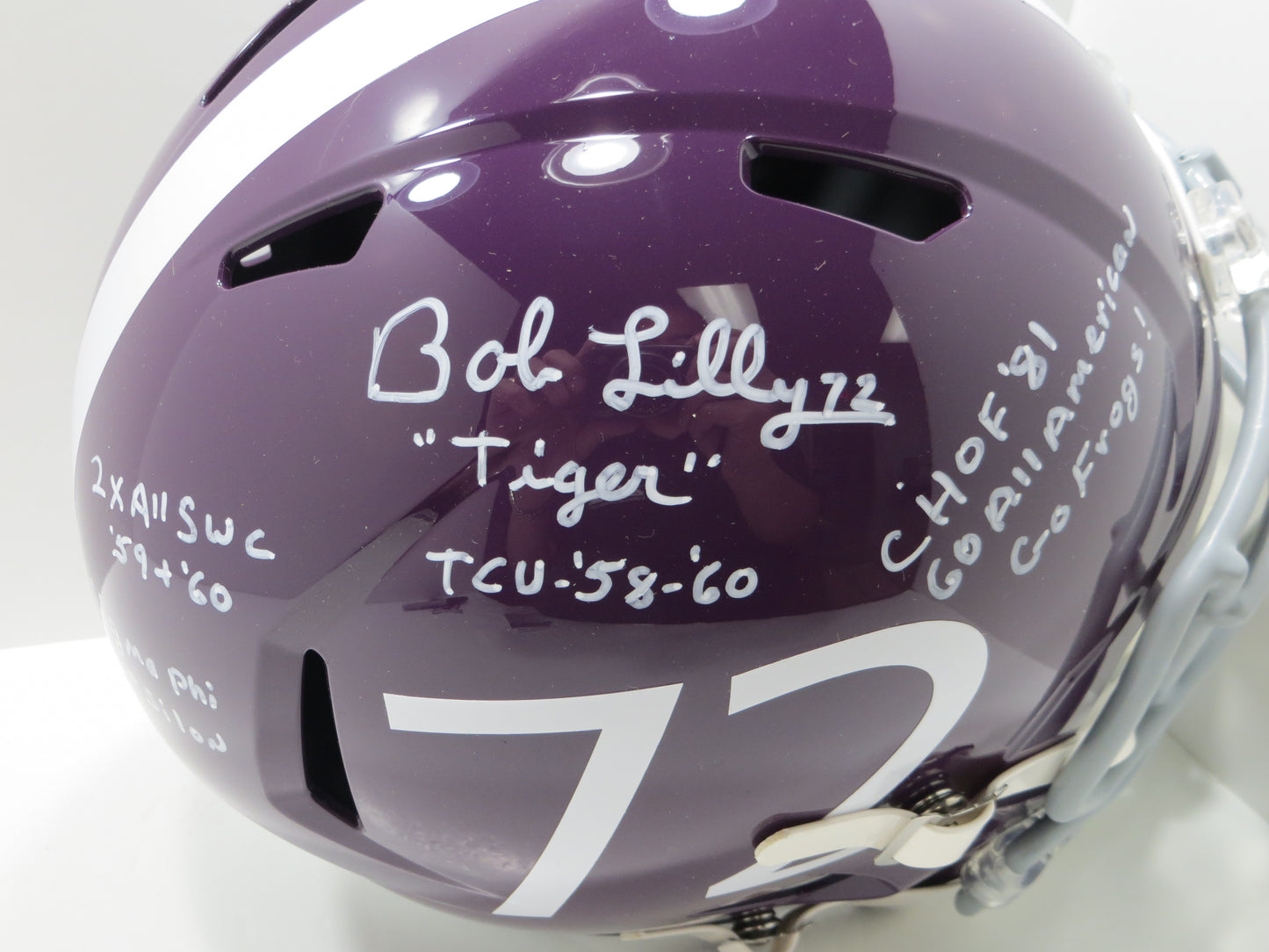 BOB LILLY SIGNED TCU HORNED FROGS #72 FULL SIZE HELMET w/MULTI INSCs JSA COA