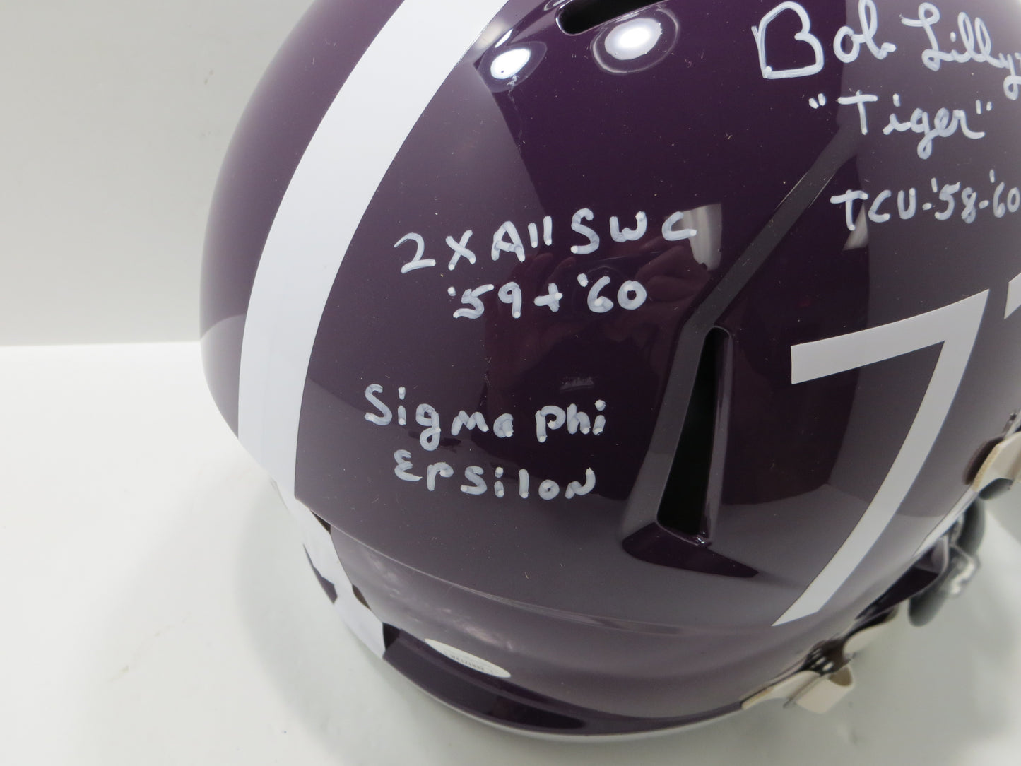 BOB LILLY SIGNED TCU HORNED FROGS #72 FULL SIZE HELMET w/MULTI INSCs JSA COA