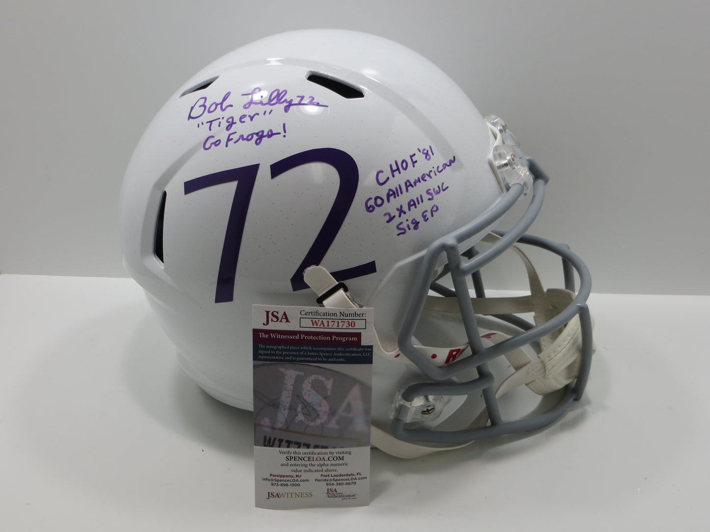 BOB LILLY SIGNED TCU HORNED FROGS WHITE #72 FULL SIZE HELMET w/MULTI INSCs JSA