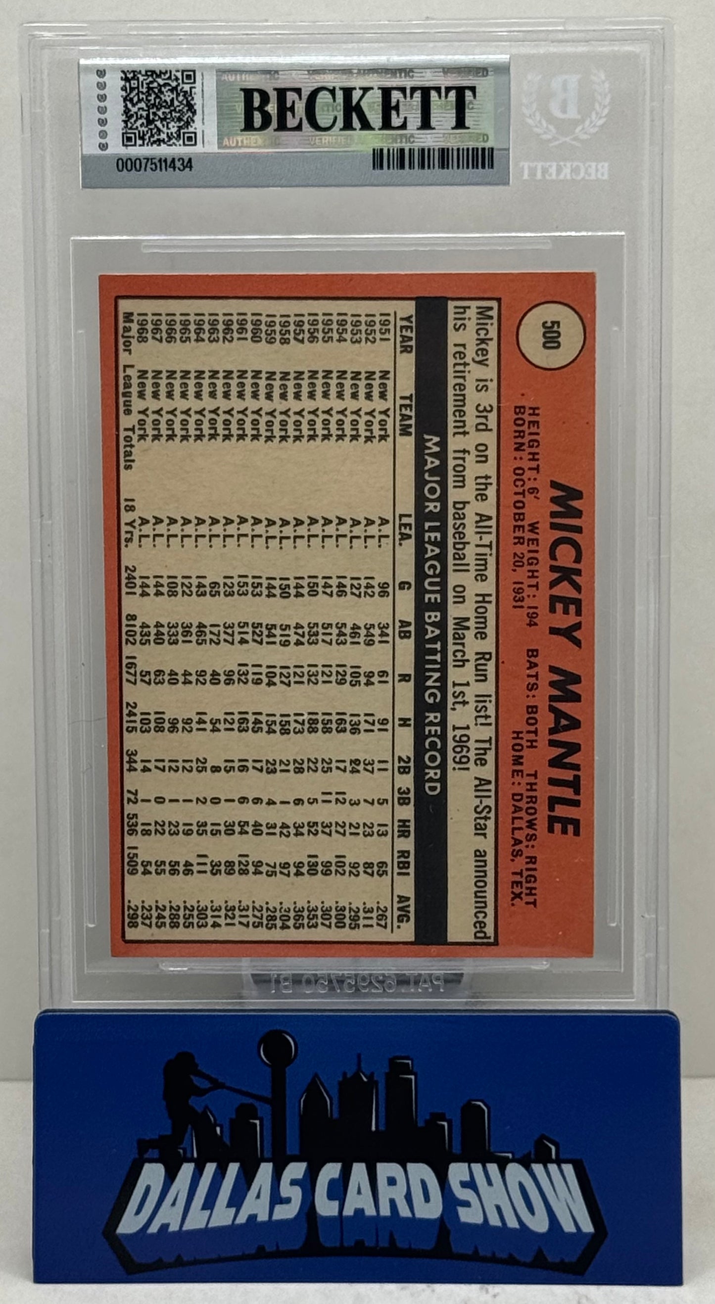 1969 Topps #500A Mickey Mantle Last in Yellow BGS 6