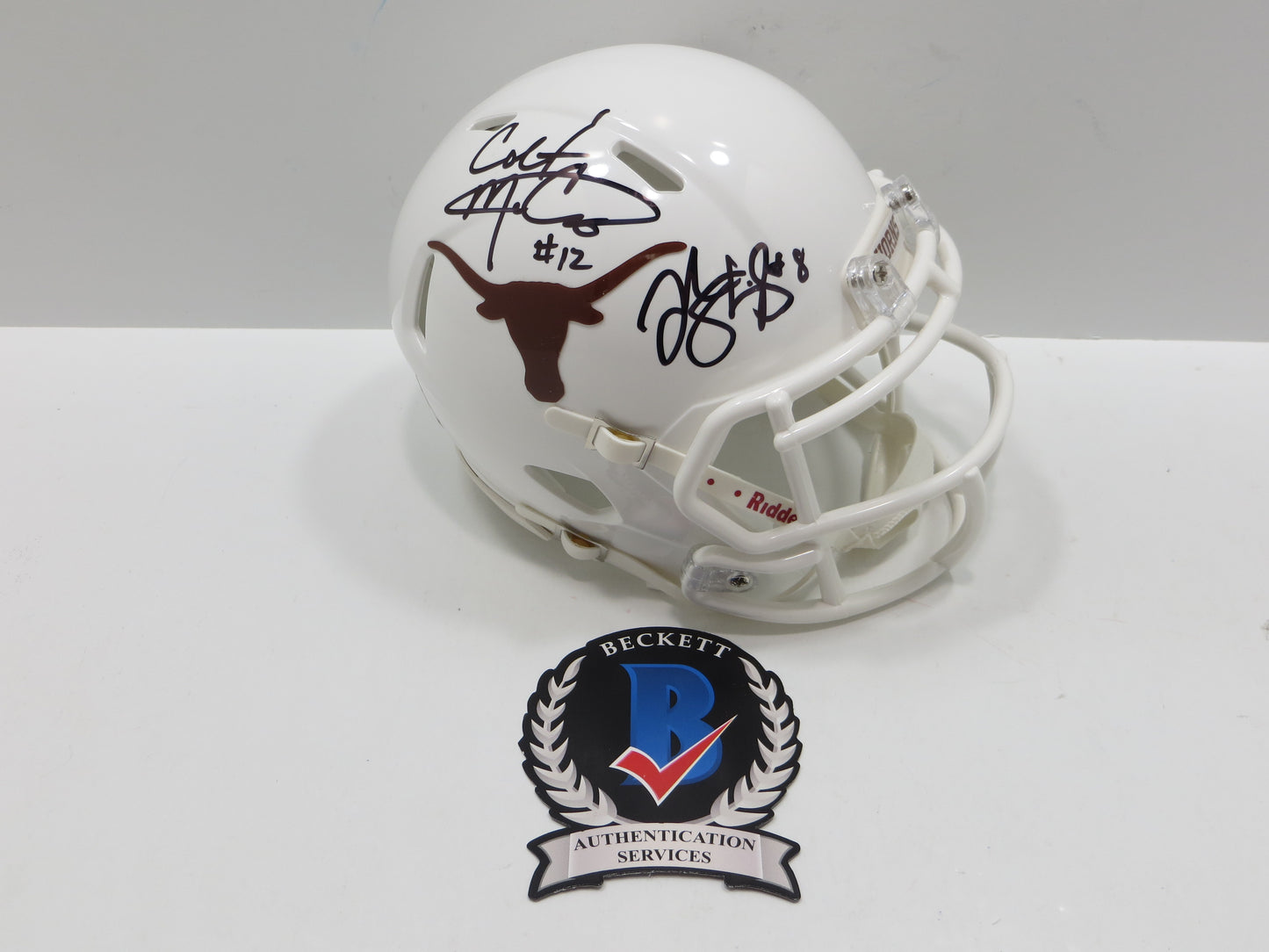 COLT McCOY JORDAN SHIPLEY SIGNED TEXAS LONGHORNS Riddell MINI HELMET BAS