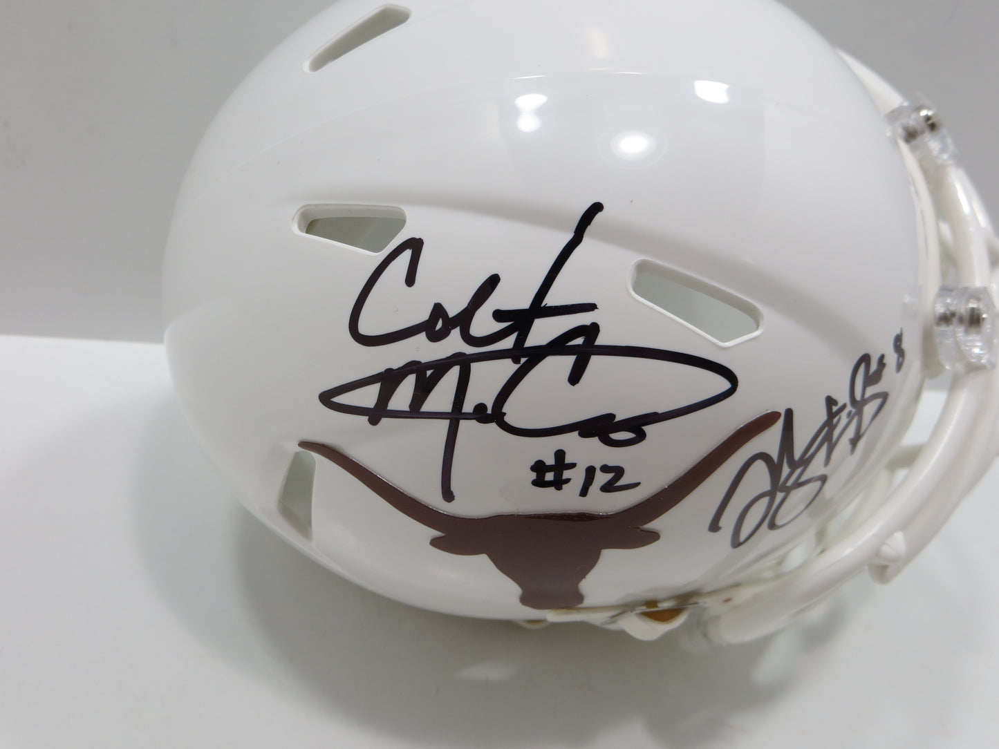 COLT McCOY JORDAN SHIPLEY SIGNED TEXAS LONGHORNS Riddell MINI HELMET BAS