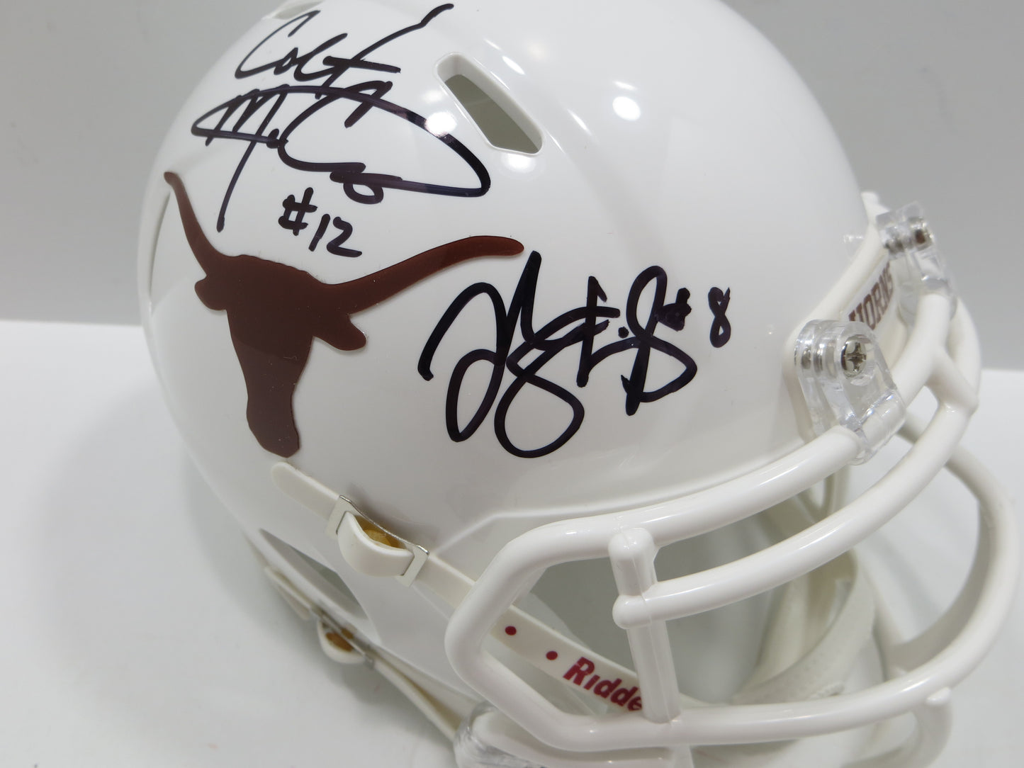 COLT McCOY JORDAN SHIPLEY SIGNED TEXAS LONGHORNS Riddell MINI HELMET BAS
