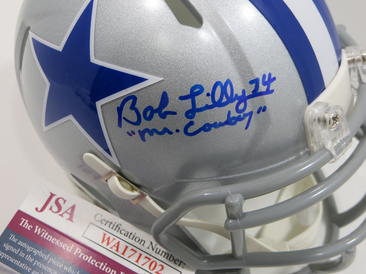 BOB LILLY SIGNED DALLAS COWBOYS MINI SILVER THROWBACK HELMET w/3 INSCs JSA