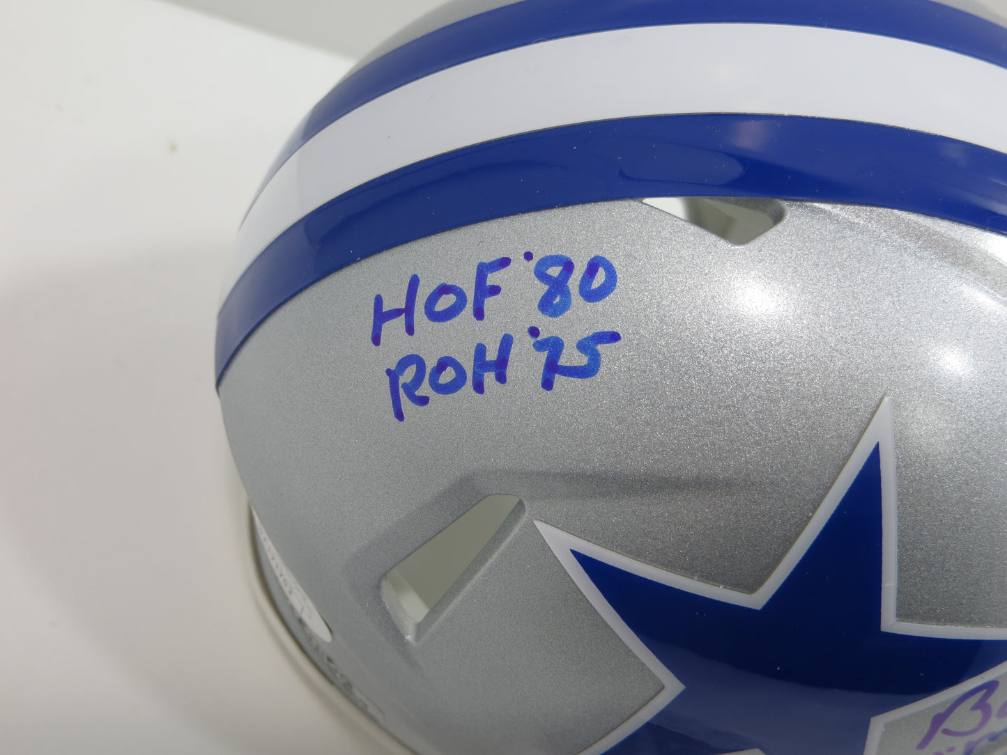 BOB LILLY SIGNED DALLAS COWBOYS MINI SILVER THROWBACK HELMET w/3 INSCs JSA