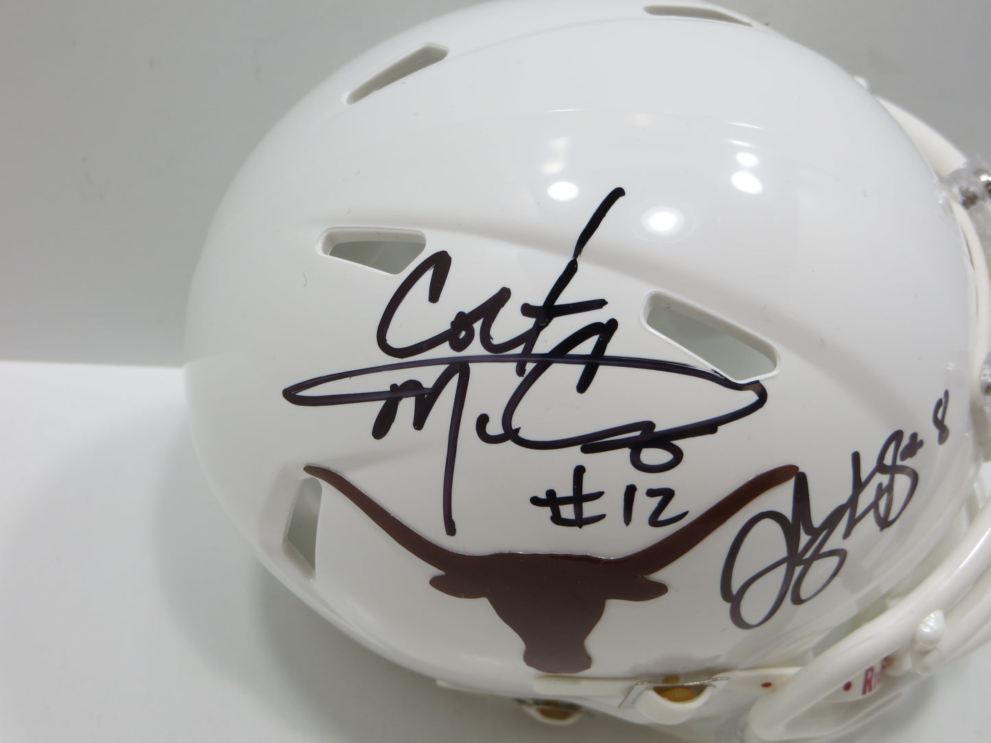 COLT McCOY JORDAN SHIPLEY SIGNED TEXAS LONGHORNS Riddell MINI HELMET BAS